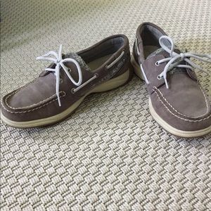 grey suede sperrys with sequin detail